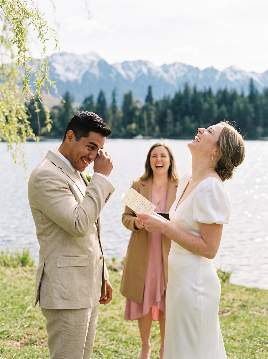 A couple laughing during a lakeside wedding ceremony with mountains behind them